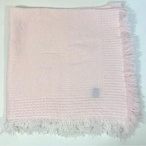 Vintage Julius Berger Pink Acrylic Knit Baby Blanket with Fringe Waffle ABC